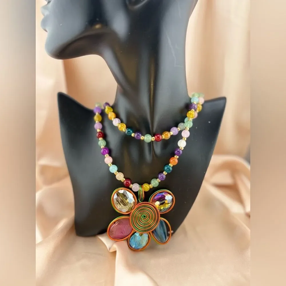Rainbow Beaded Flower Pendant Necklace – Bold, Colorful & Totally Joyful